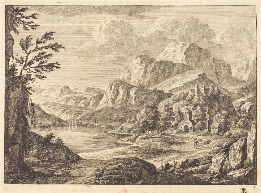 Mountainous Landscape with a Ruined Castle and an Arched Bridge in the Distance