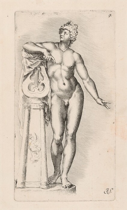 The image shows a full-body illustration of a nude male figure standing in a contrapposto position, leaning his left arm on a ornately carved wooden pedestal. His right arm hangs loosely by his side and his left leg is slightly bent, supporting much of his weight on his right leg. The man's facial features include a strong jawline, a straight nose, and distinct, forward-looking eyes, with a head of curly hair that is styled in a voluminous, classical manner. He appears to be gazing slightly upwards with a calm expression. Wrapped around the pedestal is a draped fabric that adds texture and contrast to the smooth, muscular physique of the figure. The background is plain, with subtle shading to suggest a sense of depth and dimension.