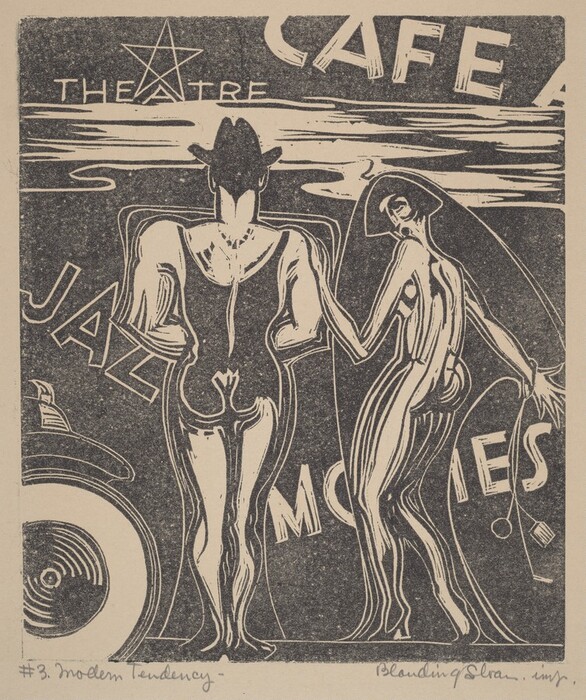 The image shows abstract figures resembling two human figures walking hand in hand. One figure wears a hat. The composition features sweeping lines and curvilinear forms, blending into a background with swirling patterns. Surrounding the figures are words like "THEATRE," "CAFE," "JAZZ," and "MOVIES." The lines in the image evoke urban scenes, potentially streets or a skyline.