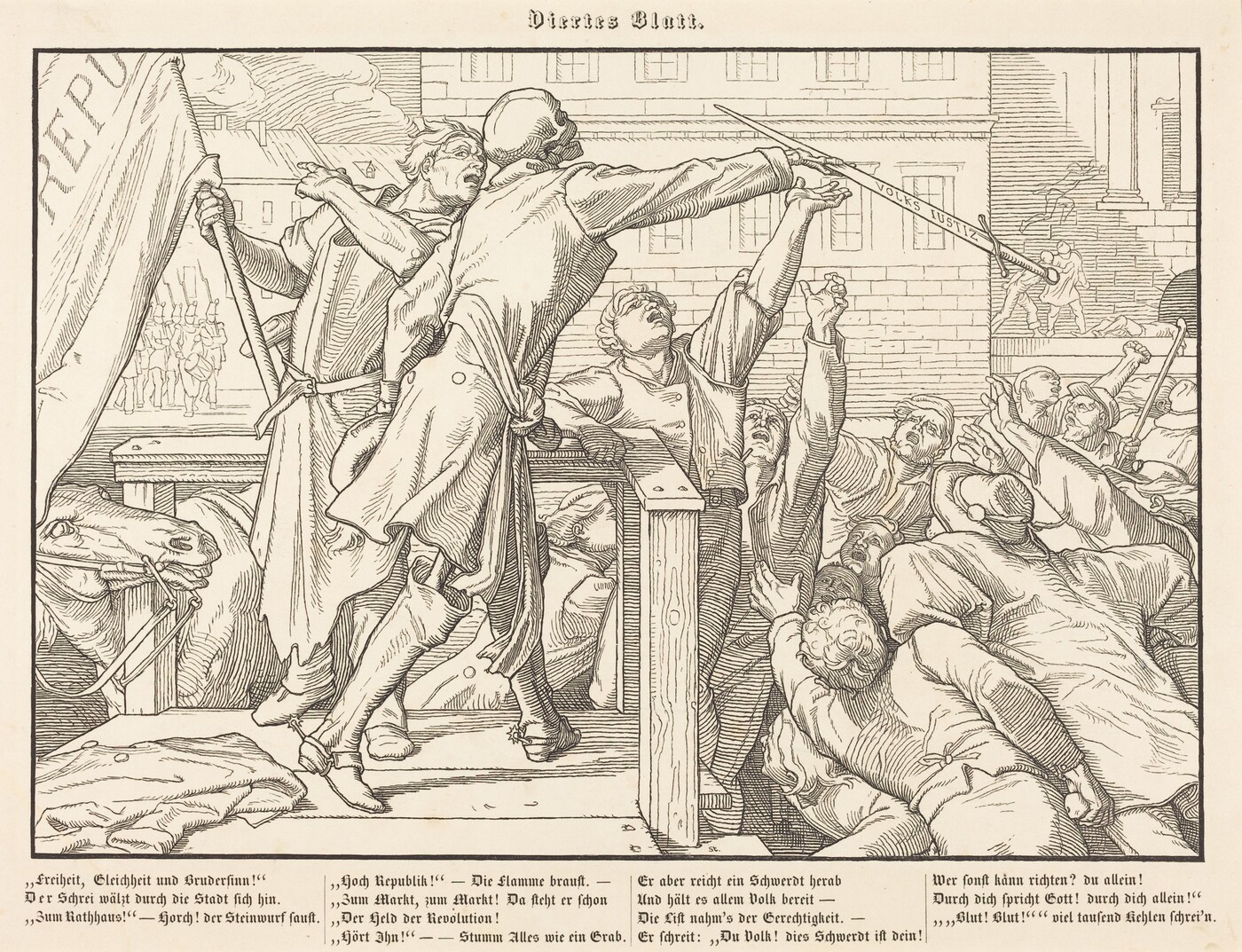 This is a drawing of a group of people engaging in a public action or protest. The scene shows several individuals in dynamic poses, with one holding a banner and a spear-like object with lettering. Text is visible to the left. The detailed line work conveys movement and energy. The background includes architectural elements and additional figures.