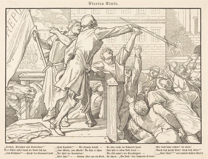 This is a drawing of a group of people engaging in a public action or protest. The scene shows several individuals in dynamic poses, with one holding a banner and a spear-like object with lettering. Text is visible to the left. The detailed line work conveys movement and energy. The background includes architectural elements and additional figures.