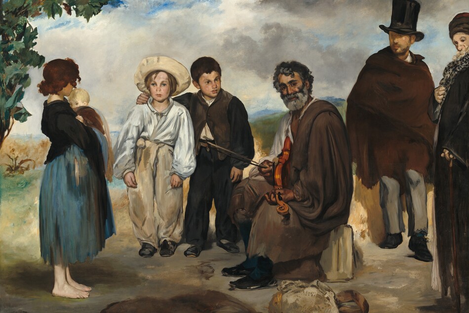 Against a hilly landscape and on a patch of dirt, five people wearing tattered clothing gather around a bearded man who holds a violin in his lap in this horizontal painting. Most of them have pale skin. Starting from the left is a barefoot young woman holding a blond baby to her chest. She faces our right, and her chestnut-brown hair hides her profile. She wears a black shirt over a calf-length skirt streaked with slate and aquamarine blue. To the right two young boys face us. The boy on the left of that pair wears a loose white shirt tucked into tan-colored pants and an upturned wide-brimmed hat. The boy next to him has short brown hair and is dressed in a black and brown vest and pants over a bone-white shirt. His right arm, to our left, is slung across the shoulders of the blond boy and he looks off to our right with dark, unfocused eyes. The man who holds the violin is to our right of center. He sits on a stone with his body facing our left, but he turns to look at us with dark eyes under heavy brows. He has tan skin, dark gray, curly hair, and a trimmed silvery gray beard. A wrinkle under one eye suggests he may smile slightly at us. He wears a loose brown cloak with a ragged bottom hem, teal-blue stockings, and black shoes. He holds a violin on his lap like a guitar. One hand fingers a chord on the neck of the violin, which comes toward us, and the other hand holds the bow and plucks a string. A sand-colored bag with a strap lies at his feet. Two men stand to our right of the musician. One wears a tall black top hat, a brown cloak, gray pants, and black shoes. His face is loosely and indistinctly painted but he has a beard. Finally, the sixth person is a man who stands along the right side of the painting and is cut off by that edge. He wears a turban, a black polka-dotted scarf, and a long black cloak or coat. One hand clutches the scarf and the other rests on a wooden cane by his side. His chin and long, light-colored beard tuck back against the scarf, and he looks off to our left with dark eyes. There are loosely painted olive and forest-green leaves in the upper left corner. The landscape beyond is painted with indistinct areas of muted green, blue, and brown. Bits of azure-blue sky peek through puffy white and gray clouds overhead. The artist signed and dated the lower right, “ed. Manet 1862.”