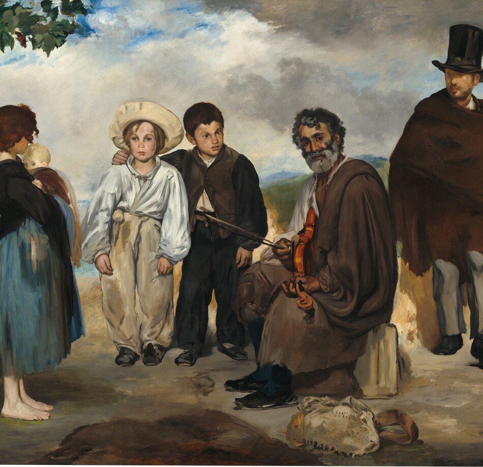 Against a hilly landscape and on a patch of dirt, five people wearing tattered clothing gather around a bearded man who holds a violin in his lap in this horizontal painting. Most of them have pale skin. Starting from the left is a barefoot young woman holding a blond baby to her chest. She faces our right, and her chestnut-brown hair hides her profile. She wears a black shirt over a calf-length skirt streaked with slate and aquamarine blue. To the right two young boys face us. The boy on the left of that pair wears a loose white shirt tucked into tan-colored pants and an upturned wide-brimmed hat. The boy next to him has short brown hair and is dressed in a black and brown vest and pants over a bone-white shirt. His right arm, to our left, is slung across the shoulders of the blond boy and he looks off to our right with dark, unfocused eyes. The man who holds the violin is to our right of center. He sits on a stone with his body facing our left, but he turns to look at us with dark eyes under heavy brows. He has tan skin, dark gray, curly hair, and a trimmed silvery gray beard. A wrinkle under one eye suggests he may smile slightly at us. He wears a loose brown cloak with a ragged bottom hem, teal-blue stockings, and black shoes. He holds a violin on his lap like a guitar. One hand fingers a chord on the neck of the violin, which comes toward us, and the other hand holds the bow and plucks a string. A sand-colored bag with a strap lies at his feet. Two men stand to our right of the musician. One wears a tall black top hat, a brown cloak, gray pants, and black shoes. His face is loosely and indistinctly painted but he has a beard. Finally, the sixth person is a man who stands along the right side of the painting and is cut off by that edge. He wears a turban, a black polka-dotted scarf, and a long black cloak or coat. One hand clutches the scarf and the other rests on a wooden cane by his side. His chin and long, light-colored beard tuck back against the scarf, and he looks off to our left with dark eyes. There are loosely painted olive and forest-green leaves in the upper left corner. The landscape beyond is painted with indistinct areas of muted green, blue, and brown. Bits of azure-blue sky peek through puffy white and gray clouds overhead. The artist signed and dated the lower right, “ed. Manet 1862.”