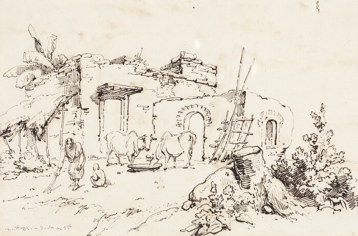 The image shows a rural scene with a low eye-level perspective. A simple brick structure is in the middle distance, with a background suggesting a horizon. It is rendered in black ink with detailed brushstrokes for texture. Two figures and livestock are in the foreground, with foliage and makeshift structures on the right side.