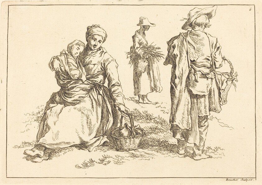 Seated Mother and Child, Two Standing Peasants