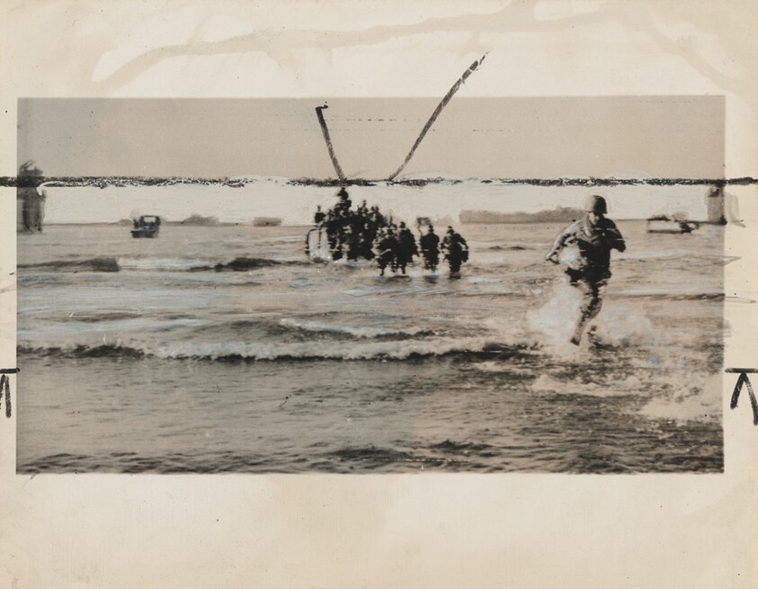 Title from caption on object: “Racing Off a Landing Boat...”