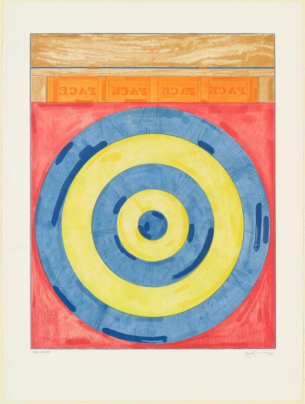 Concentric faded denim-blue and lemon-yellow rings forming a target alternate against a ruby-red background in this vertical etching. The innermost circle is blue and is followed by two yellow and two more blue rings. Streaks in darker tones of blue, yellow, and red are drawn mostly at the edges of the rings. A row of four orange blocks, each with the word "FACE" printed backward and in darker orange, lines the target along the top edge. The trim around the blocks and across the top quarter of the etching is streaked with tones of light tan and brown. The uppermost slat is separated from the words below by a thin blue line in which two darker brown sections suggest hinges. The printed image is surrounded by a wide white margin. Pencil inscriptions under the printed image reads “Trial Proof” to the left and "J J '79" to the right.