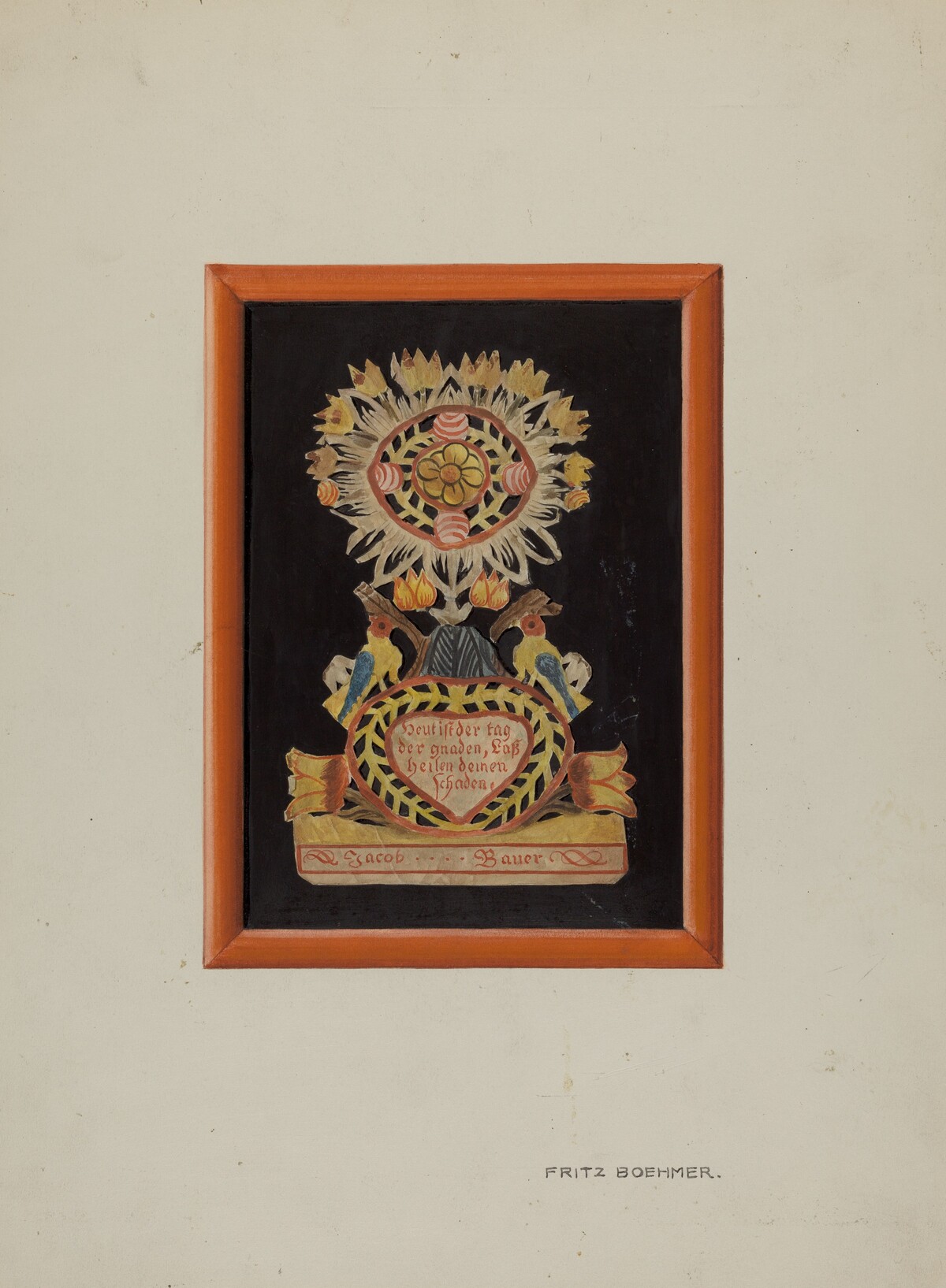 Memorial-Pennsylvania Fractur and Cut-out Commemorating Jacob Bauer