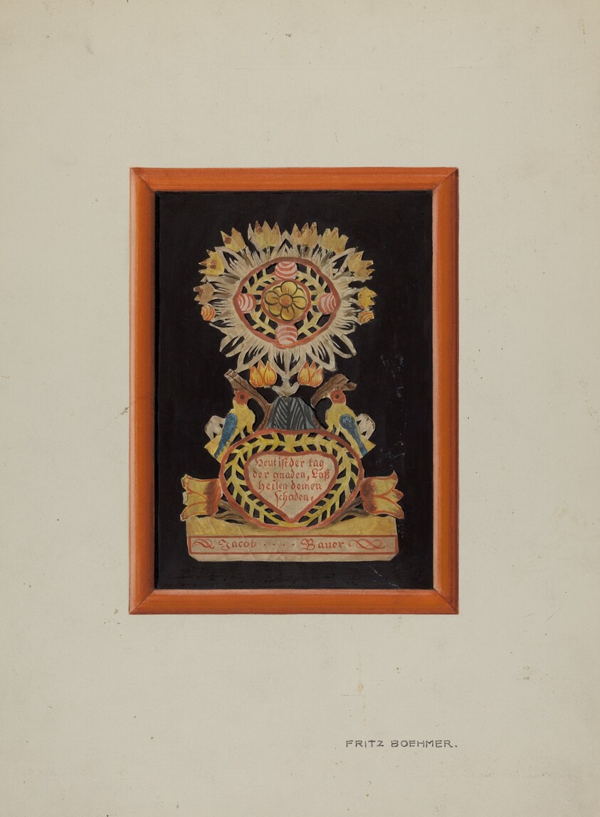 Memorial-Pennsylvania Fractur and Cut-out Commemorating Jacob Bauer