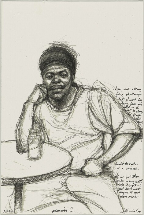 The sketch depicts the upper half of a person sitting at a table. They are leaning their head on one hand, with an elbow on the table. The person has a broad face with prominent features, wearing a textured cap or head tie. They have a neutral expression and are dressed in a loose-fitting shirt. A bottle is on the table in front of them. The background is plain, with handwritten text on the right side of the image.