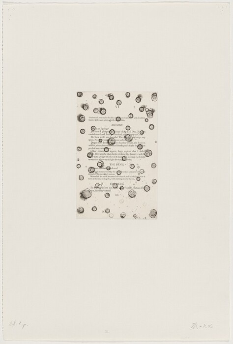 The image shows a rectangular section of text overlayed with various circular shapes scattered across the surface, creating an abstract appearance. These circles are of different sizes.