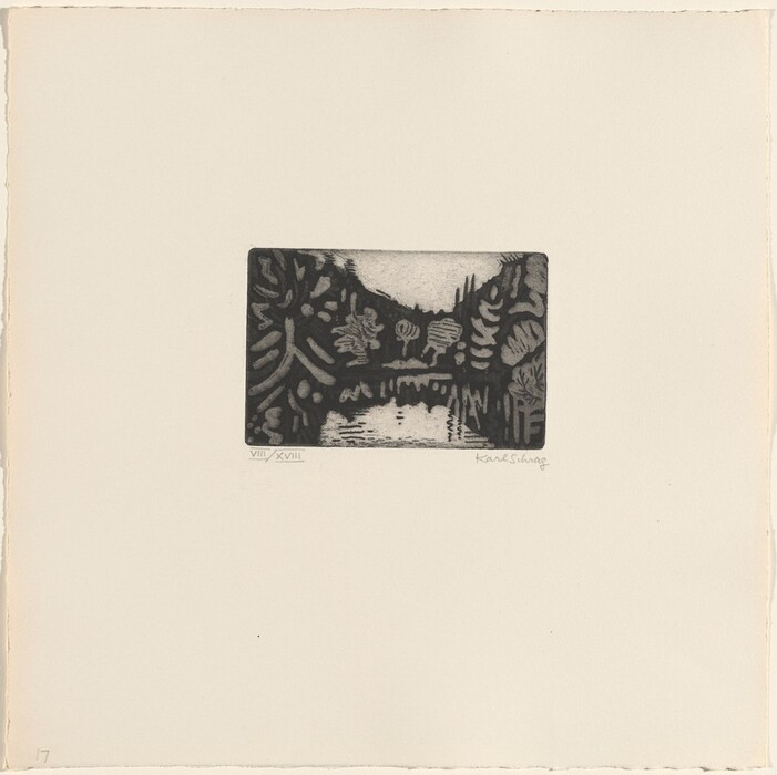 The image features a stylized landscape with a small rectangular view framed by a larger expanse of plain paper. The point of view appears slightly elevated, showing a reflective body of water among dense vegetation. A gap in the foliage near the horizon reveals a silhouette that could be a distant hill or mountain against a bright sky. Bold and abstract brushstrokes, or etched lines, create textured impressions of trees and plants with swirling patterns. The scene is rendered in a monochromatic palette of black, gray, and white, emphasizing the intricate patterns and play of light and shadow.
