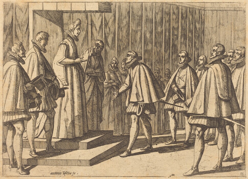 This is a drawing of a group scene with individuals dressed in period clothing. The figures wear attire reminiscent of the late Renaissance or early Baroque period, featuring ruffled collars and elaborate cloaks. The individuals are gathered around a central figure on steps. The setting is a structured interior space with defined lines suggesting wooden paneling or drapery. The arrangement and posture of the figures suggest interaction or dialogue, with one central character gesturing towards the left of the frame.