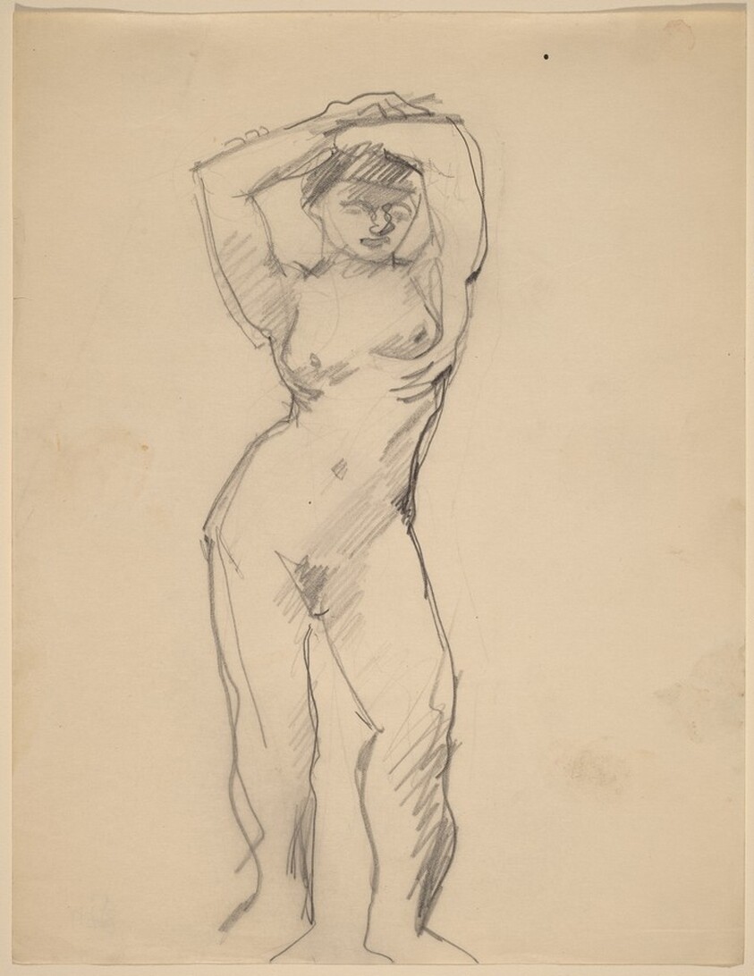 Female Nude Standing with Arms Above Head