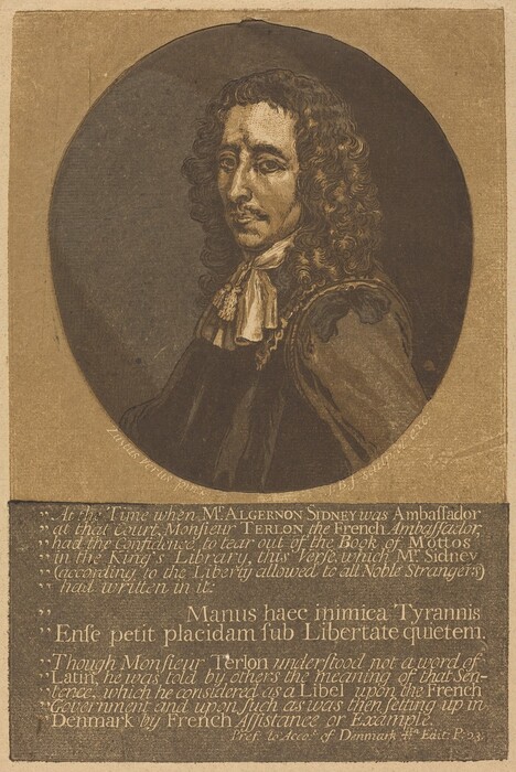 The image depicts a man in a head-and-shoulders portrait facing to his right. He has long, curly hair, prominent facial features, and a solemn expression. He wears a dark-colored coat with ornate detailing, a white cravat at his neck. The background is textured, with an oval and rectangle. Below the portrait is an inscription describing a historical event involving Algernon Sidney and a controversial verse.