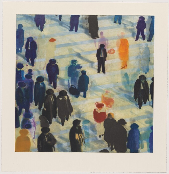 The image shows overlapping shapes and lines creating a sense of movement and depth. The abstract representation includes silhouettes of people, varying in color and depicted in a busy urban scene. The background consists of a pattern of alternating lines, giving the impression of shadows on a pedestrian crossing.