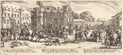 “Destruction of a Convent”. This is a drawing depicting a chaotic scene with historical buildings and individuals engaged in dynamic activities.