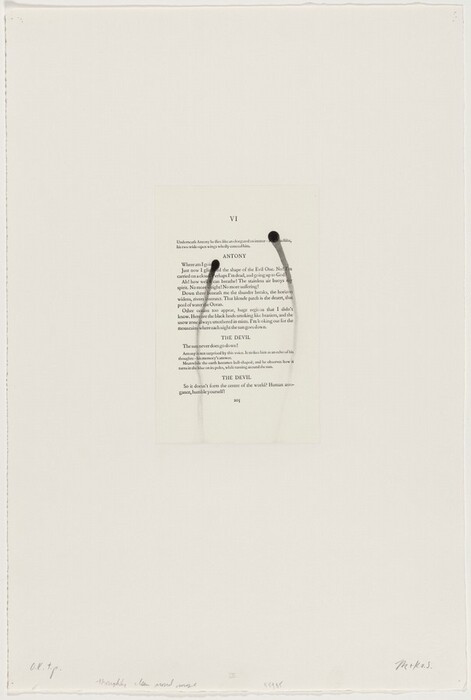 This is a painting of a page with text and ink stains. The image features a page with printed text and ink stains on a larger sheet of paper. The text is in a serif font, with passages titled "ANTONY" and "THE DEVIL". Above the text is a circular ink blot with two streaks running downwards. The background is an off-white shade. This artwork is in the style of Marcel Broodthaers, using textual elements and visual art in a conceptual presentation.