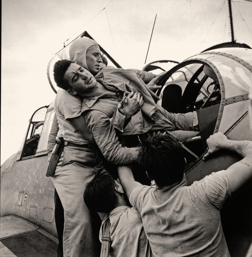 Wounded Turret Gunner Kenneth Bratton Is Lifted from His Damaged Torpedo-Bomber on Board the Saratoga