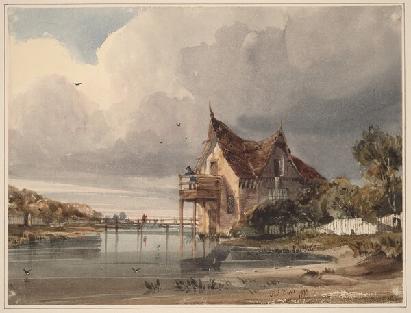 A River and Cottage with White Paling