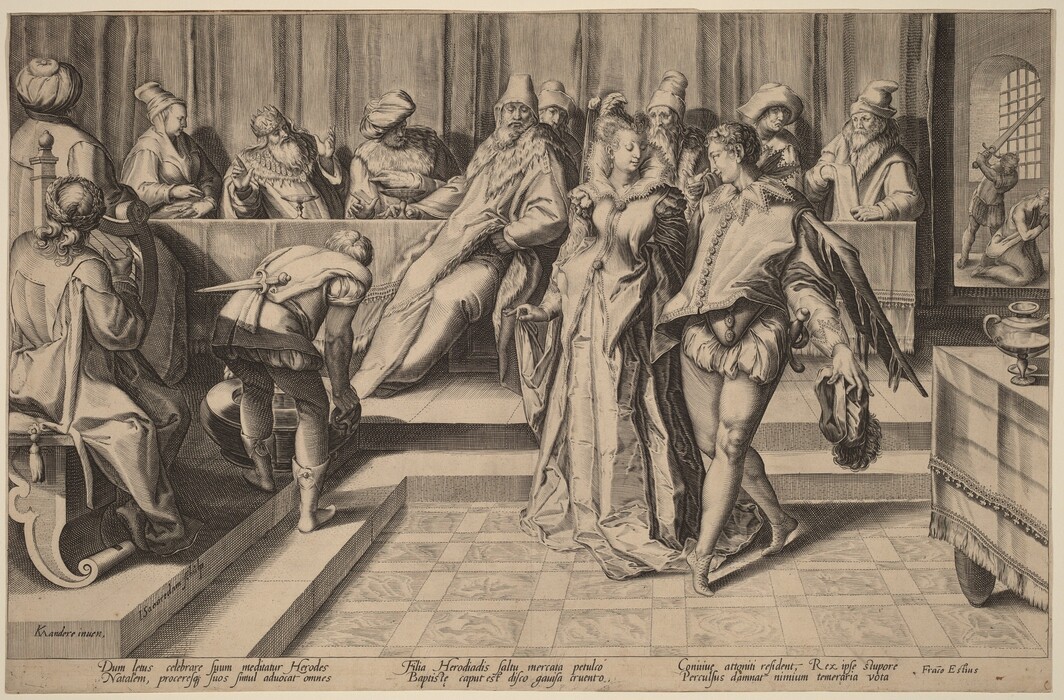 This drawing features a court scene with elaborately dressed figures in an opulent interior setting. In the foreground, two figures in ornate clothing are holding a significant object. To the left, a panel of authorities with unique attire is seated at a table. The backdrop includes a rich, patterned curtain. To the right and in the background, there is a window and a smaller scene with multiple figures. The composition conveys a mix of formal grandeur and intrigue.