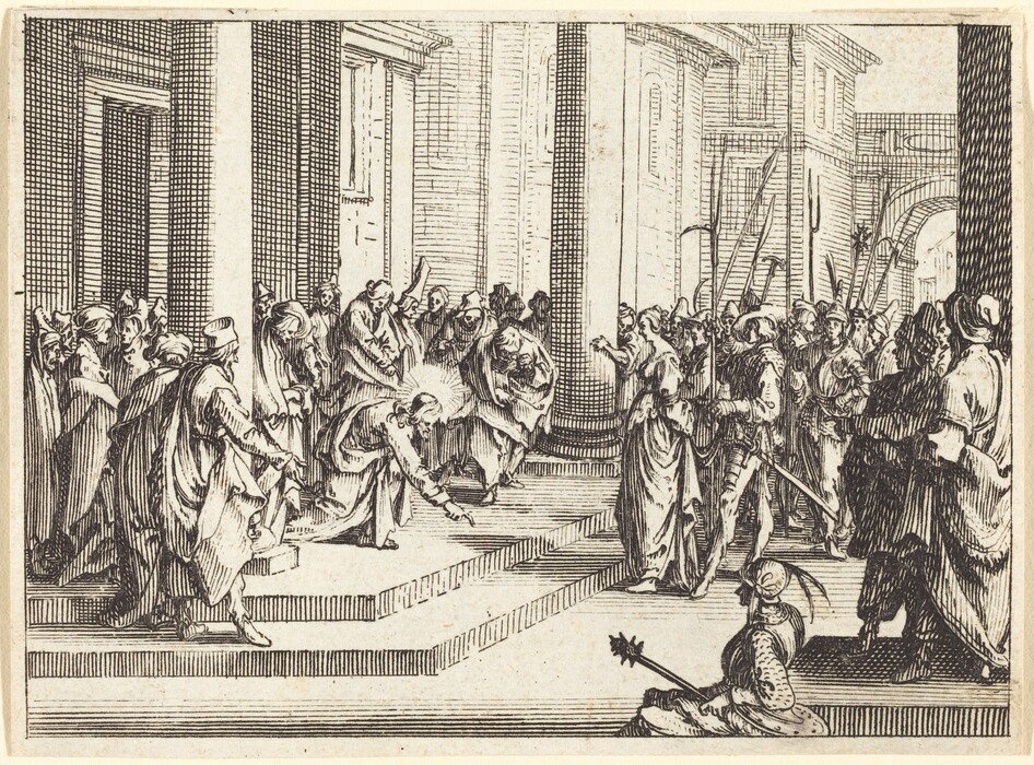 This is a drawing of an architectural and human scene. The drawing depicts numerous figures gathered in an architectural setting with grand columns and structured buildings. The figures are dressed in flowing robes and elaborate headwear. There is a central interaction or event catching everyone's attention. The background includes an arched passageway and multiple structures, indicating a complex urban environment. The cross-hatching technique is used to add depth and detail to the image.