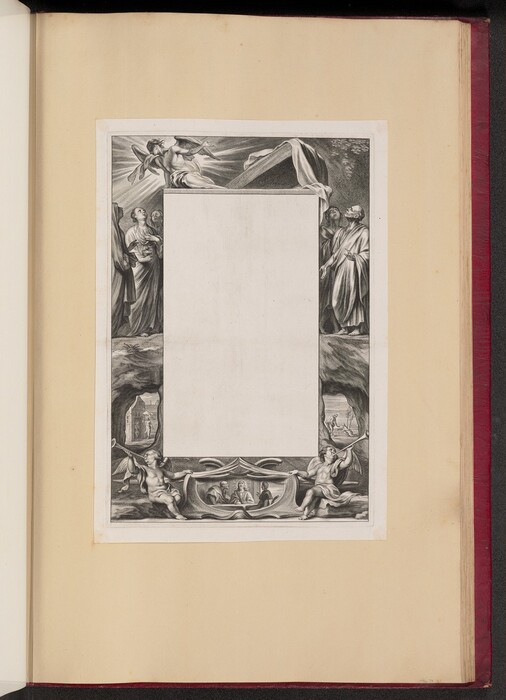 This is a drawing of an architectural frame. The artwork includes an ornate vertical rectangular frame centered within a blank page, with detailed illustrations adorning its borders. The upper portion features figures draped in classical robes, while the lower section includes cherubs holding a garland and a small inset scene depicting individuals in discussion. The left and right borders include architectural elements and figures, with one side showing a building structure and the other a person engaged in labor under an archway. The frame's aesthetic is influenced by classical and baroque elements, emphasizing symmetry and detail.