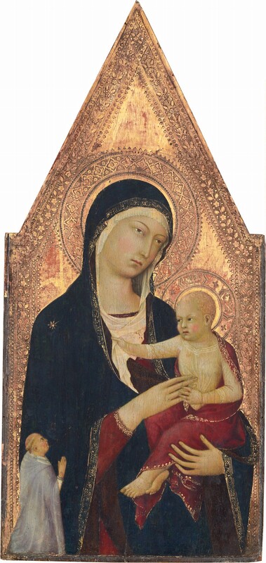 Shown from the hips up, a young woman holds an upright baby against a richly patterned gold background in this vertical panel painting, which comes to a point at the top center. The woman nearly fills the panel, and she looms over a very small man kneeling in the lower left, facing our right in profile. The people all have ivory-white skin with a greenish cast, and petal-pink cheeks. The woman’s body faces us, supporting the baby in the curve of her left arm, our right. Thin, tawny-brown eyebrows arch over her hazel, almond-shaped eyes, which gaze off to our right. She has a long, narrow nose and small rose-pink mouth. Her head tilts to our right and is covered by an ivory-white cloth that frames her round face and wraps around the neckline of her burgundy-red gown. Over the white cloth and red dress, a long, midnight-blue mantle trimmed with gold covers her head, shoulders, and arms. A gold starburst adorns one shoulder. Tucked in the woman’s elbow to our right, the baby faces our left and wears a sheer garment covered by a burgundy-red, gold-edged cloth draped across his shoulders, back, and legs. The child has short, wavy, peach-colored hair and echos the woman’s thin eyebrows and hazel eyes. He reaches out with his right hand, to our left, to clutch her scarf while his other hand delicately touches the fingers of her hand, which brushes his chest. The man in the lower left is significantly smaller in scale so his kneeling body comes only up to the woman's elbow. His blond hair is cut in a ring above the ears, and he wears a dove-gray cloak with a long hood falling back over his shoulders. His right hand is raised, fingers extended, and he tilts his head up to look at the woman. Intricate, patterned halos surrounding the heads of the woman and child are punched and incised into the gold background. A decorative border of flowers, leaves, and dots line the sides of the panel and meet at the pointed top. Areas of brick red show through some areas of the gold background.
