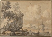 Figures in Rowing Boats in a Rocky Cove, Sailing Ships Beyond, Allart van Everdingen