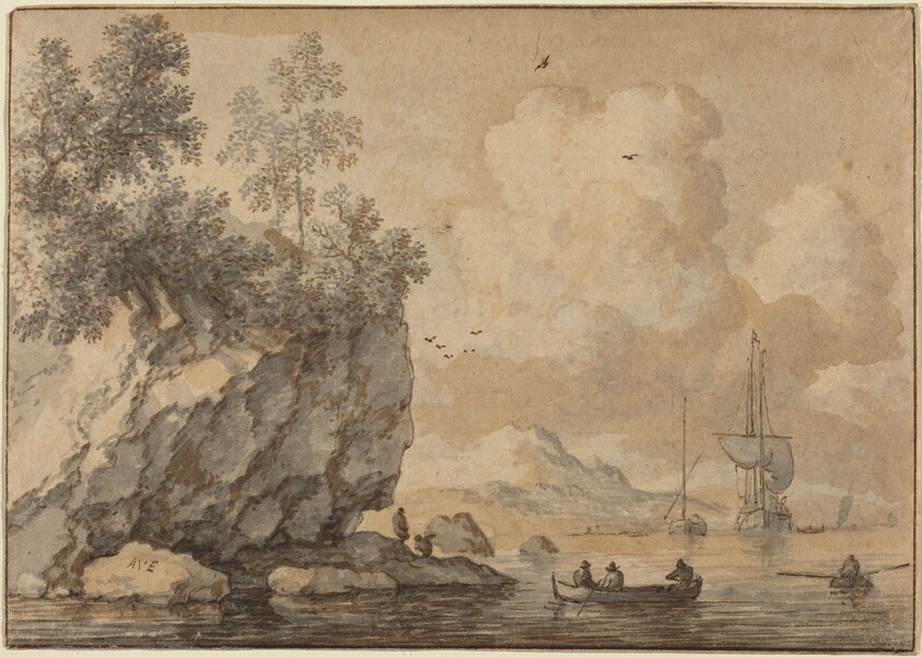 Figures in Rowing Boats in a Rocky Cove, Sailing Ships Beyond