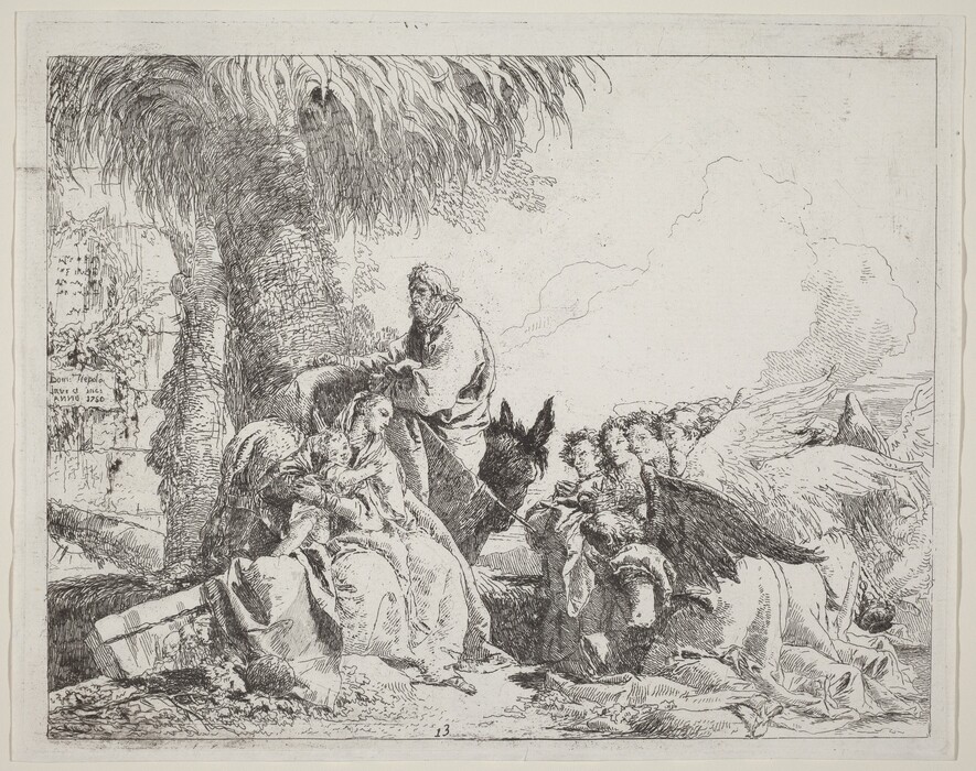 This is a drawing showing figures gathered under a palm tree. One figure is seated holding a child, while others and a donkey surround them. Several winged figures are present to the side. The drawing features detailed line work depicting the angels' wings, foliage, and clothing textures. The composition balances the earthly elements of the tree with the divine aspect of the angels.