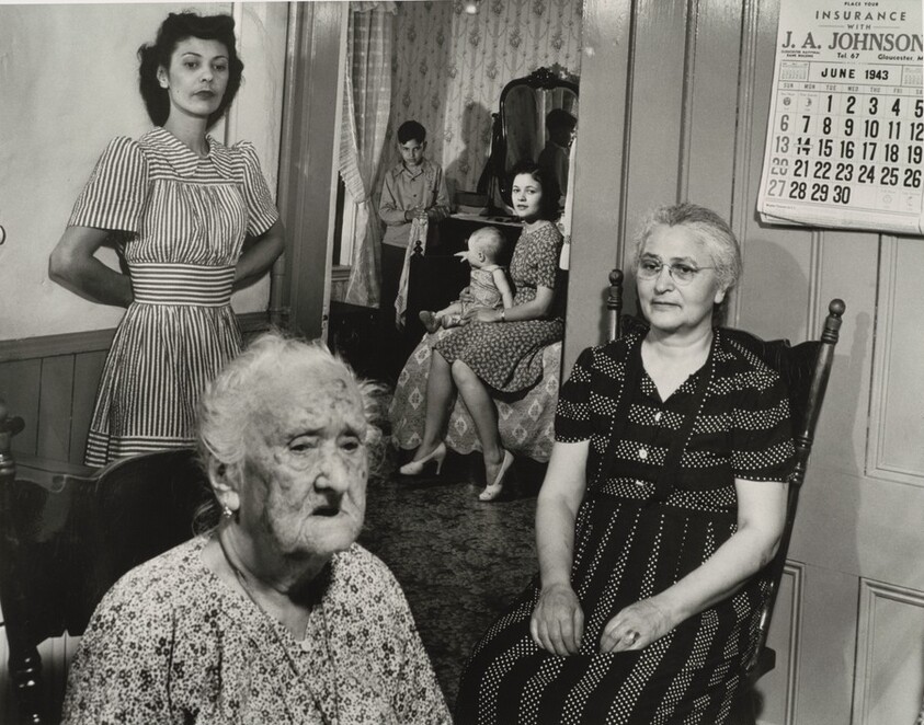 Gloucester, Massachusetts. Mrs. Mary Machado, her daughter Mrs. Isabell Lopez, her daughter Irene, an infant great-grandchild Dorothy, Jr. and her mother Dorothy, Sr., and a grandson Francis, the son of Irene