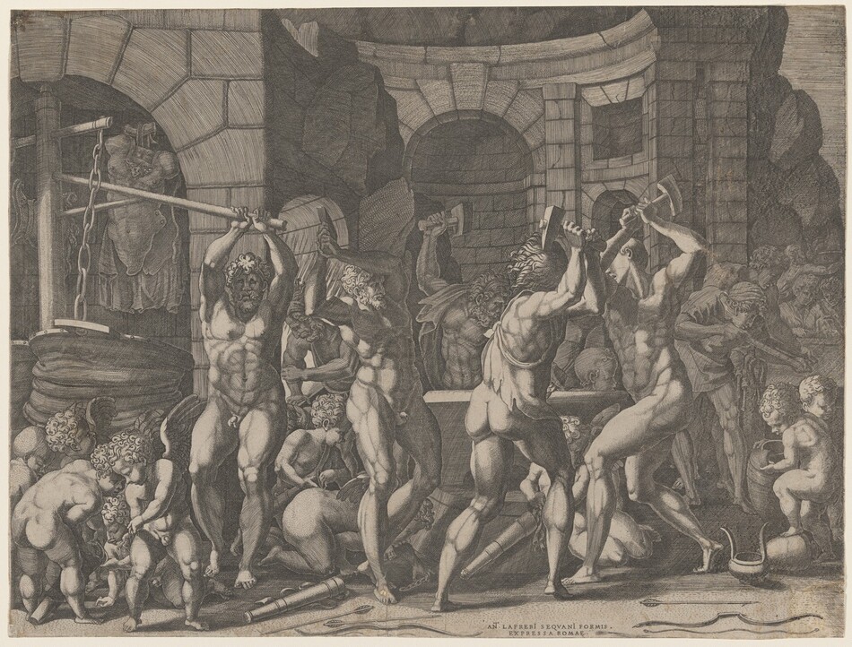 This is a drawing of multiple nude figures with muscular physiques engaged in labor in a forge-like setting. The scene includes large stone structures and arches, as well as cherubic figures or putti in the foreground. The figures are shown working with tools, portraying a sense of activity and craftsmanship. The drawing showcases detailed depictions of the bodies and surrounding materials.