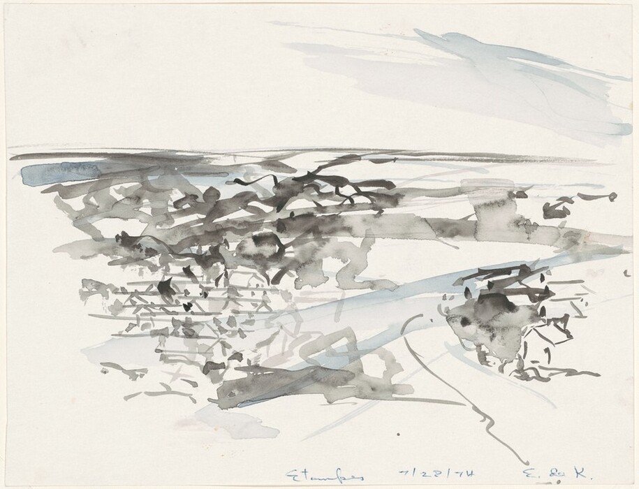 This image features an abstract landscape with a horizon near the top third of the composition. The brushstrokes are loose and expressive, using varying shades of gray and black. Close to the viewer, the strokes are more defined and dense, creating shapes that suggest movement or texture. The color palette is mostly monochromatic with hints of muted blues for contrast.