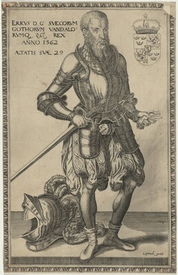 “Eric XIV, King of Sweden”. The image depicts an engraving of a man in a powerful stance.
