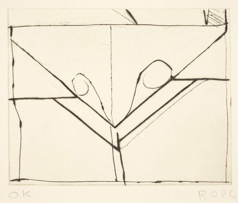 The image displays bold, intersecting black lines forming angular shapes on a light background. The abstract composition resembles a stylized letter 'Y' or a bird in flight, with two oval shapes suggesting eyes or wings. The geometric arrangement gives an impression of simplicity and movement.