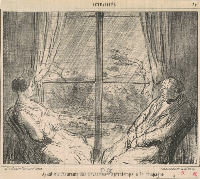The image shows two people seated in armchairs facing each other. The person on the left is positioned in profile, with arms crossed, leaning slightly back in their chair. They have their hair pulled back into a bun and are wearing a long dress with sleeves. The person on the right also sits in profile and leans back, with hands resting on their lap. This person has short, curly hair and is dressed in a buttoned jacket and pants. Both figures are depicted in a shaded, sketch-like style. The background features a large window behind them, framed by curtains, through which a scenic landscape is visible, suggesting an outdoor view with stormy weather as indicated by the heavy winds and rain depicted in the sketch.