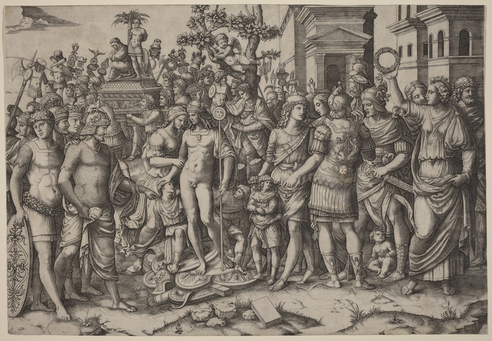 This is a detailed drawing depicting a group of people assembled around a central figure in a classical setting. The central figure is standing on a pedestal adorned with sculptures and surrounded by individuals wearing classical attire, some carrying weapons and shields. The background includes architectural elements like columns and archways. The drawing shows intricate line work and cross-hatching, emphasizing the detailing on clothing, armor, and figures, typical of Renaissance mythology-inspired art.
