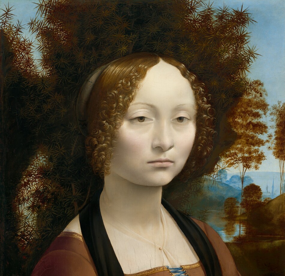 This square portrait shows the head and shoulders of a young woman in front of a spiky bush that fills much of the background except for a landscape view that extends into the deep distance to our right. The woman's body is angled to our right but her face turns to us. She has chalk-white, smooth skin with heavily lidded, light brown eyes, and her pale pink lips are closed. Pale blush highlights her cheeks, and she looks either at us or very slightly away from our eyes. Her brown hair is parted down the middle and pulled back, but tight, lively curls frame her face. Her hair turns gold where the light shines on it. She wears a brown dress, trimmed along the square neckline with gold. The front of the bodice is tied with a blue ribbon, and the lacing holes are also edged with gold. A sheer white veil covers her chest and is pinned at the center with a small gold ball. The bush fills the space around her head with copper-brown, spiky leaves. A river winds between trees and rolling hills in the distance to our right. Trees and a town along the horizon, which comes about halfway up the painting, is pale blue under an ice-blue sky.