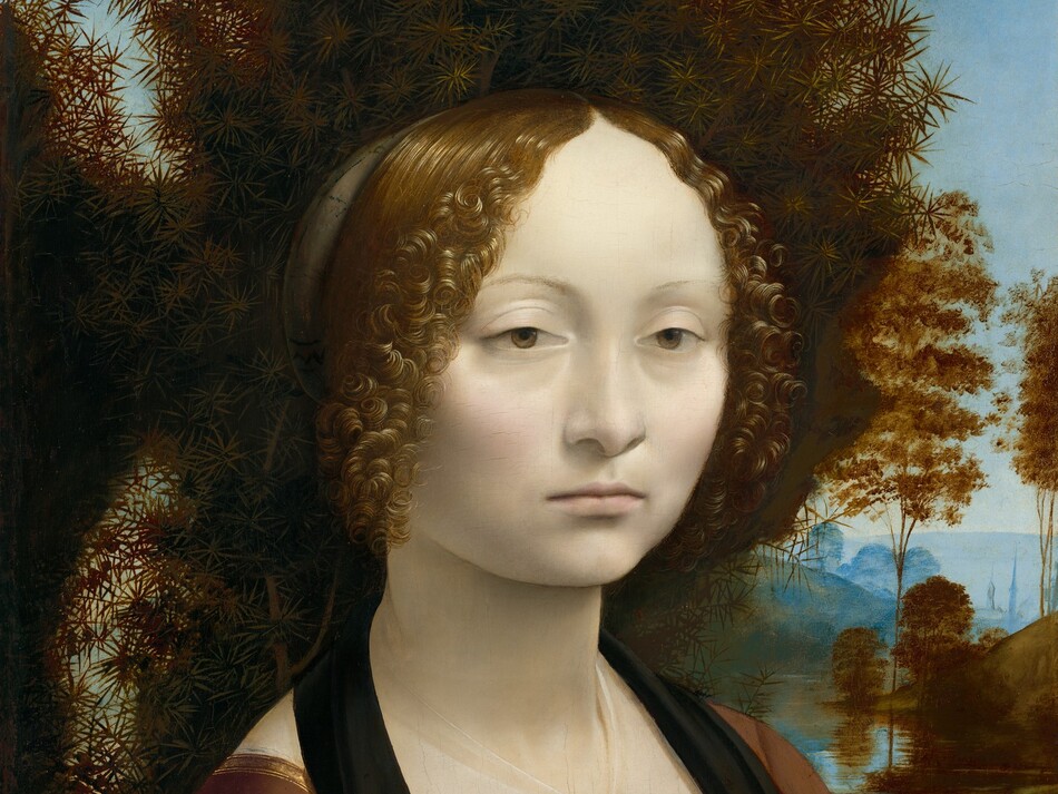 This square portrait shows the head and shoulders of a young woman in front of a spiky bush that fills much of the background except for a landscape view that extends into the deep distance to our right. The woman's body is angled to our right but her face turns to us. She has chalk-white, smooth skin with heavily lidded, light brown eyes, and her pale pink lips are closed. Pale blush highlights her cheeks, and she looks either at us or very slightly away from our eyes. Her brown hair is parted down the middle and pulled back, but tight, lively curls frame her face. Her hair turns gold where the light shines on it. She wears a brown dress, trimmed along the square neckline with gold. The front of the bodice is tied with a blue ribbon, and the lacing holes are also edged with gold. A sheer white veil covers her chest and is pinned at the center with a small gold ball. The bush fills the space around her head with copper-brown, spiky leaves. A river winds between trees and rolling hills in the distance to our right. Trees and a town along the horizon, which comes about halfway up the painting, is pale blue under an ice-blue sky.