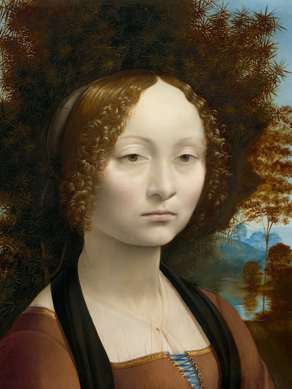 This square portrait shows the head and shoulders of a young woman in front of a spiky bush that fills much of the background except for a landscape view that extends into the deep distance to our right. The woman's body is angled to our right but her face turns to us. She has chalk-white, smooth skin with heavily lidded, light brown eyes, and her pale pink lips are closed. Pale blush highlights her cheeks, and she looks either at us or very slightly away from our eyes. Her brown hair is parted down the middle and pulled back, but tight, lively curls frame her face. Her hair turns gold where the light shines on it. She wears a brown dress, trimmed along the square neckline with gold. The front of the bodice is tied with a blue ribbon, and the lacing holes are also edged with gold. A sheer white veil covers her chest and is pinned at the center with a small gold ball. The bush fills the space around her head with copper-brown, spiky leaves. A river winds between trees and rolling hills in the distance to our right. Trees and a town along the horizon, which comes about halfway up the painting, is pale blue under an ice-blue sky.