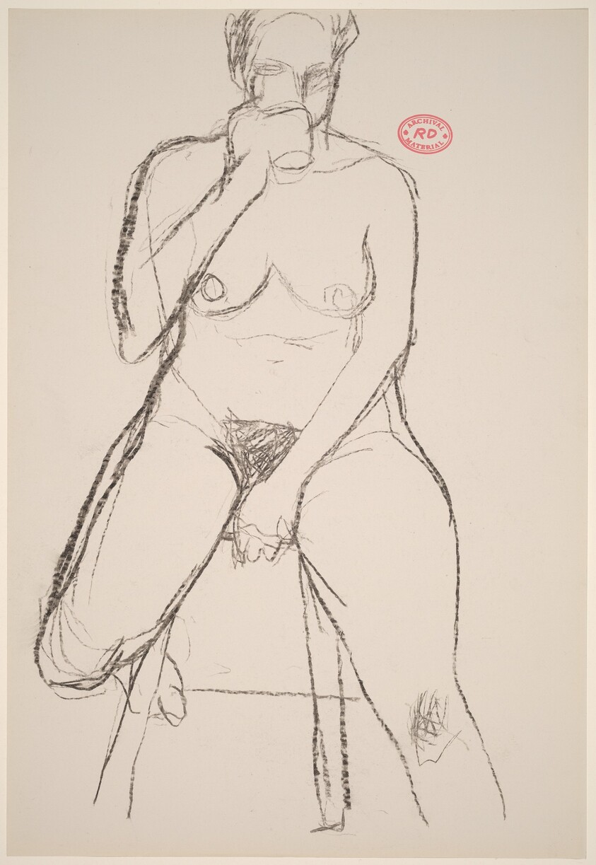 Untitled [female nude seated on a stool drinking]