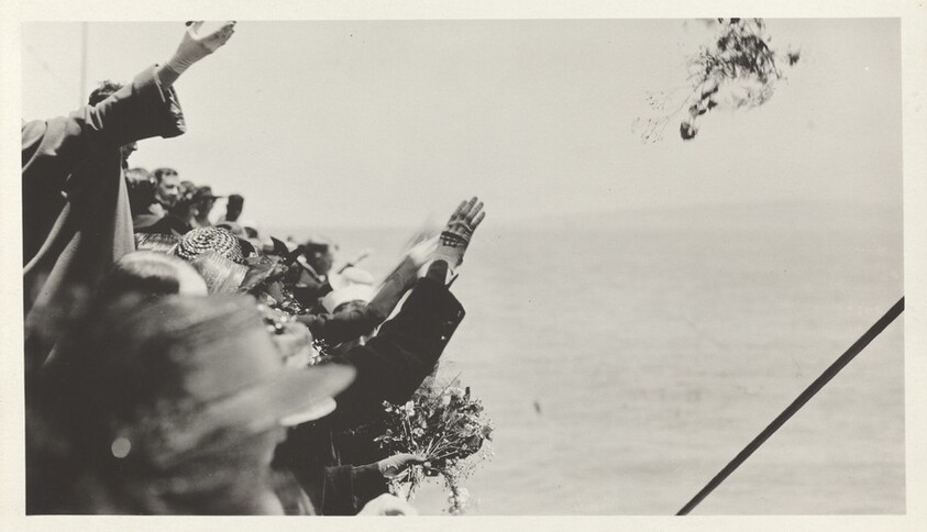 Untitled (Crowd waving farewell on boat)