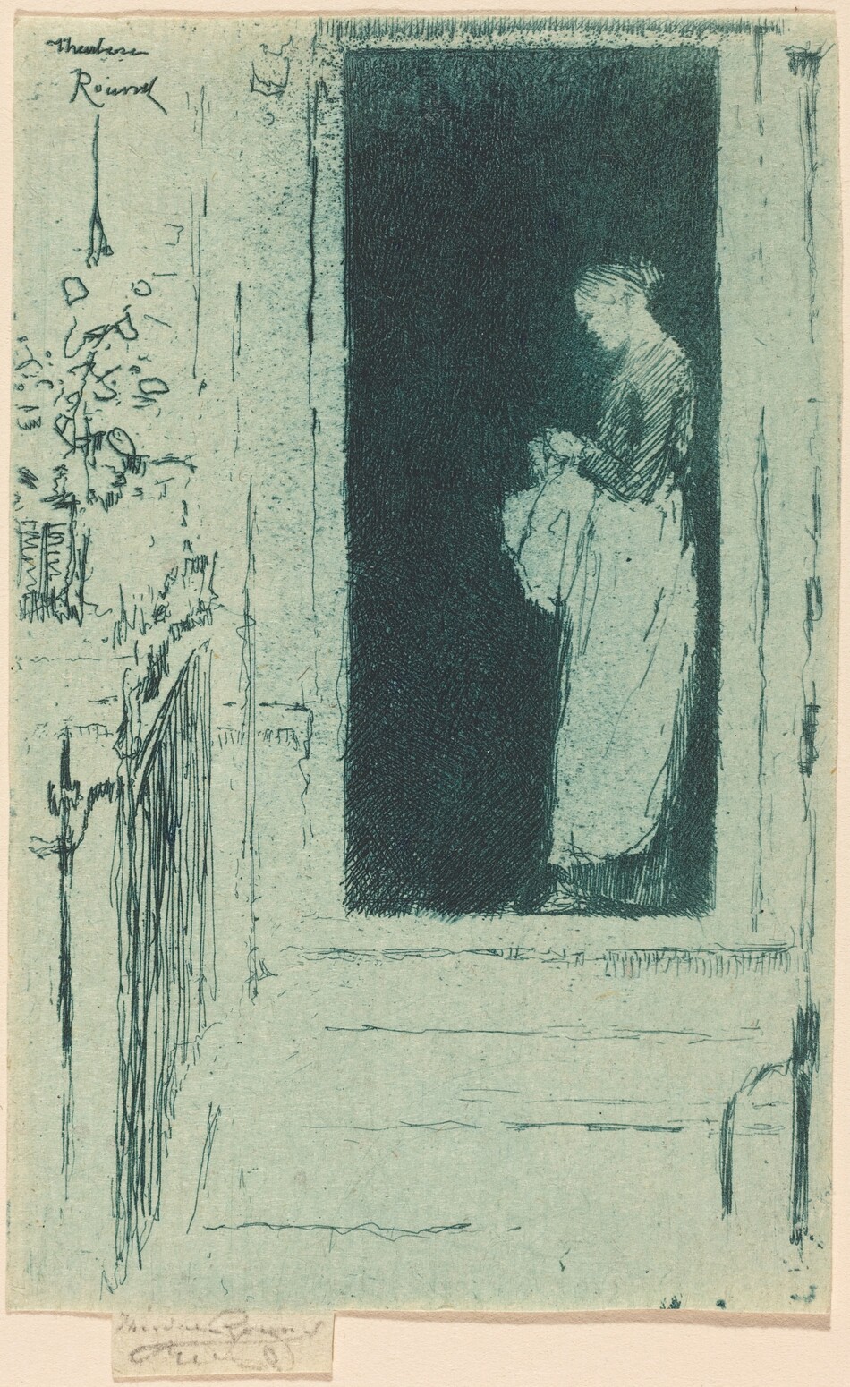 The image shows a person standing in a dark doorway. The individual is standing upright, with their head slightly bowed and hands holding an object at chest level. The facial features are softly depicted, and the hair is neat and appears to be pulled back. The clothing is a light gown or dress flowing down to the feet. The background is an artistic rendition of a doorway against a light-textured wall with sketched details and signatures, suggesting depth to the architectural setting. The artwork suggests an indoor or threshold setting with contrasts between dark and light.