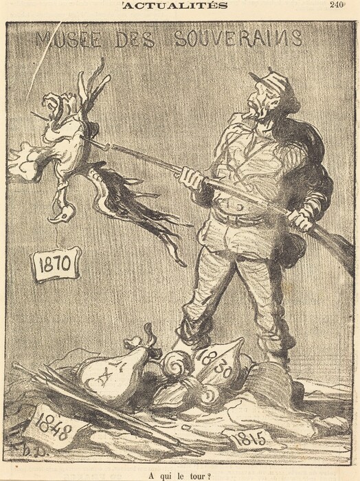This is a drawing of a soldier standing among historical artifacts. The soldier holds a flag and stands in front of several sacks labeled with different years, including "1870", "1848", "1830", and "1815". The background wall is inscribed with "MUSEE DES SOUVERAINS". The soldier appears confident and the style is reminiscent of 19th-century political satire.