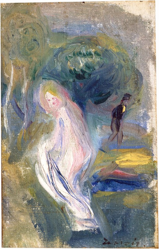 A nude woman with pale pink and white-colored skin is loosely painted in a landscape in this vertical composition. She seems to move off to our left, her back to us as she pulls a white cloth across her body, but she turns to look over her left shoulder. Her hair is touched with lime green, her eyes and mouth are pink dots, and her body and the drapery are shaded with pale violet. A second person wearing a dark suit, a tall, dark hat, and a vivid yellow cravat walks, slumping slightly, to our right in the background. Trees and bushes in the landscape are painted with swirls of laurel green and cobalt blue with swipes of white for the trunks. Bands of canary yellow, rose pink, and lapis blue are near the right edge of the painting just behind the woman’s upper legs. The edges of the canvas are unpainted or thinly painted. The artist signed the work in the lower right corner, “Renoir.”