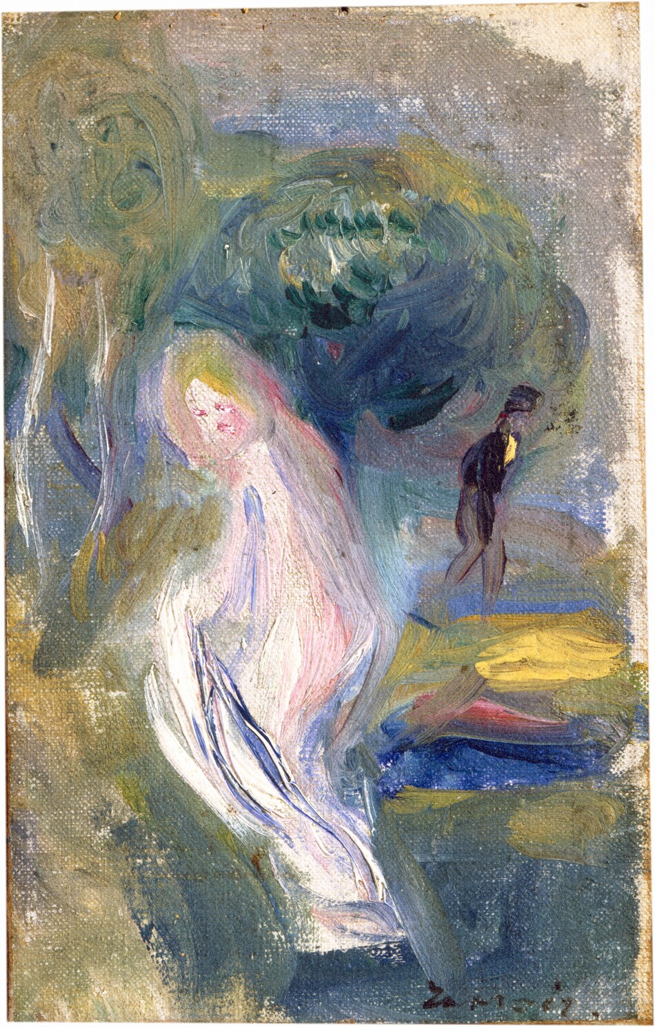 A nude woman with pale pink and white-colored skin is loosely painted in a landscape in this vertical composition. She seems to move off to our left, her back to us as she pulls a white cloth across her body, but she turns to look over her left shoulder. Her hair is touched with lime green, her eyes and mouth are pink dots, and her body and the drapery are shaded with pale violet. A second person wearing a dark suit, a tall, dark hat, and a vivid yellow cravat walks, slumping slightly, to our right in the background. Trees and bushes in the landscape are painted with swirls of laurel green and cobalt blue with swipes of white for the trunks. Bands of canary yellow, rose pink, and lapis blue are near the right edge of the painting just behind the woman’s upper legs. The edges of the canvas are unpainted or thinly painted. The artist signed the work in the lower right corner, “Renoir.”