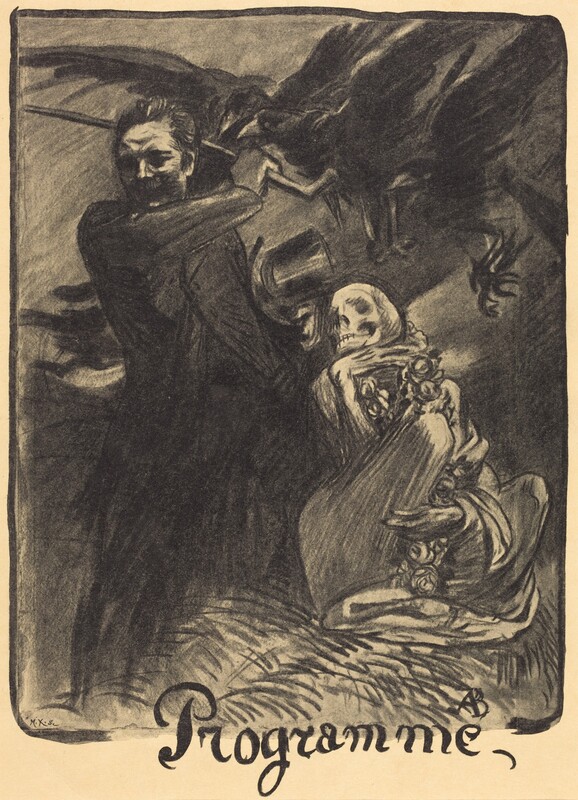 Printed with smoky gray and black tones on cream-white paper, a man wearing a dark suit raises a cane as if to strike as a skeleton crouches beside him in this vertical halftone print. To the left, the man’s short hair blows back as he raises his right arm, to our left, across his body. His brow is deeply furrowed, his eyes scrunched, and his mouth open. His cane reaches behind his head. A top hat along his left side, to our right, could belong to him or another person in the indistinct background. To the right, the skeleton sits with knees drawn up and one hand under its chin. A garland of roses drapes around its neck and down between its legs. The body is wrapped in a light cloth. Three large black birds, perhaps oversized crows, swoop to our left from the top right corner, their wings wide and beaks reaching forward. The setting is drawn in with shading and indistinct forms, suggesting deep shadows and perhaps swirling sky. The scene is framed with a black line and the word “Programme” appears across the bottom. A monogram of a conjoined “AB” is in the lower right corner of the image, and a tiny, printed inscription in the lower left reads, “M.X. Sc.”
