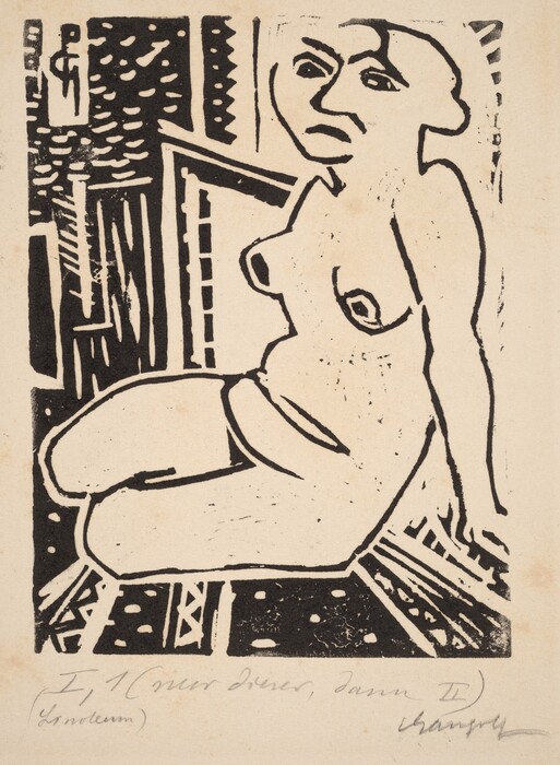 The black and white linocut artwork depicts a person in a seated position, facing slightly to the right, with a stylized, abstract facial features and short hair. The figure is shown from the waist up without clothing, set against a background filled with bold, jagged patterns.