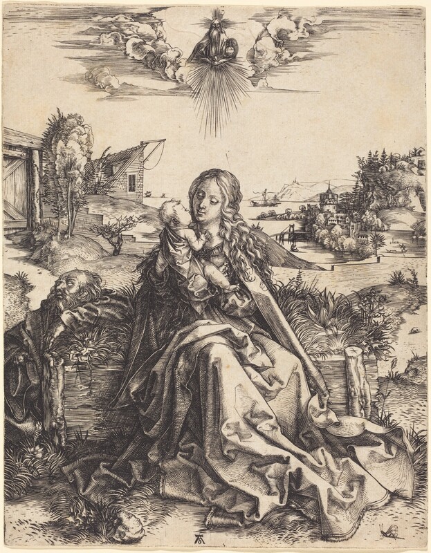 Printed with fine black lines and velvety black shading on off-white paper, a woman sits holding a baby as a bearded man sleeps nearby in a landscape in this vertical engraving. In the center of the composition, the woman sits with her knees angled slightly to our right, but she turns to look down at the baby, held in her arms to our left so they are almost chin to chin. She has hooded eyes, a straight, a short nose, thin lips, and a slight double chin. Long wavy hair falls behind her shoulders, and her dress has a high neckline and voluminous sleeves and skirt under a cloak. Facing the woman in profile, we see the child's chubby arm, leg, and cheek, and his eyelashes are silhouetted against the blank white paper. The woman and child sit on the low, wood-plank wall of a trough-shaped container planted with grasses and weeds. To our left, the sleeping man leans one arm up onto the wall and tips his head back, eyes closed. Hills roll back to a structure with a single-sided, steeply pitched roof to the left, and a waterway winds into the distance to the right. A bridge connects the two areas of land and leads to buildings on the farther bit of earth. One person stands and propels a low boat with a long stick and three sailboats are in the water in the deep distance. In the sky above and tiny in relation to the others, a bearded man wearing a robe is shown from the waist up in a bank of clouds. Just in front of him, a bird has its wings spread and rays below that reach down toward the woman. The man holds one hand up, palm facing out with the first two fingers raised, and holds an orb topped wit ha cross with the other hand. The artist signed the print with a lowercase letter d tucked between the long legs of an uppercase letter A at the bottom center.